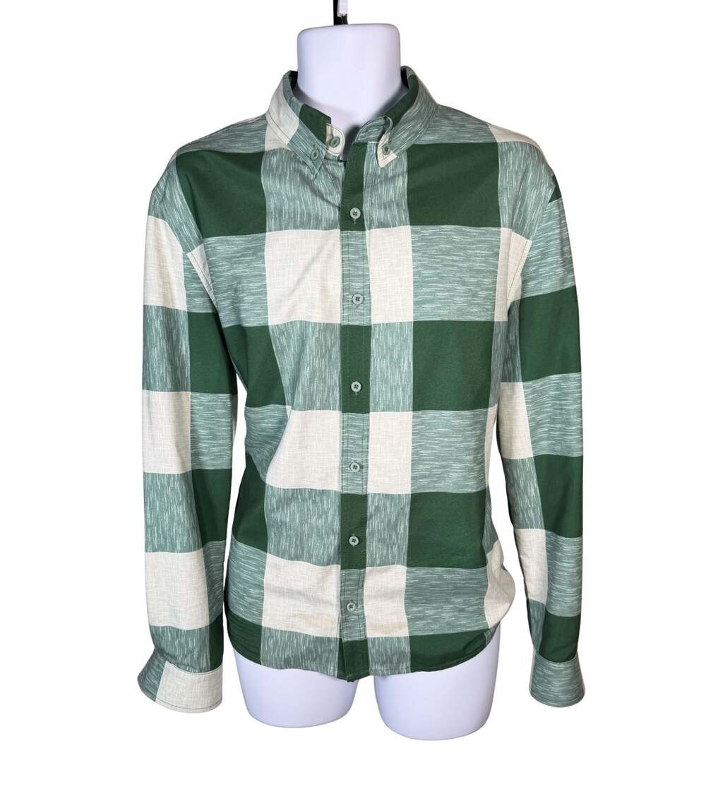 Barehouse Green and White Buffalo Check Casual Long Sleeve Button-Down Shirt